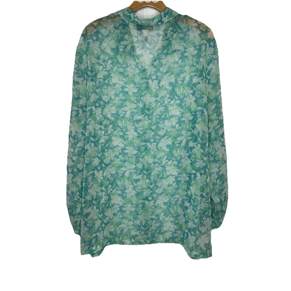 Maggie McNaughton Blouse 18W Aqua Blue Watercolor Floral Sheer Button Up Shirt - Picture 2 of 9